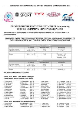 EDINBURGH INTERNATIONAL SWIM MEET Incorporating BRITISH SWIMMING CHAMPIONSHIPS 2018