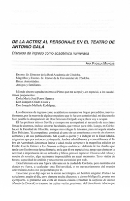 DE LA ACTRIZ AL PERSONAJE EN EL TEATRO DE ANTONIO GALA Discurso De Ingreso Como Académica Numeraria