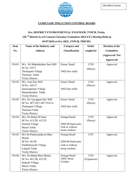 TAMILNADU POLLUTION CONTROL BOARD O/O. DISTRICT ENVIRONMENTAL ENGINEER, TNPCB, Trichy 156 District Level Consent Clearance Commi