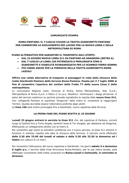 Comunicato Stampa Roma-Pantano: Il 7 Luglio
