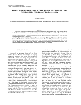 Fossil Chimaeroid Remains (Chondrichthyes: Holocephali) from Williamsburg County, South Carolina, Usa