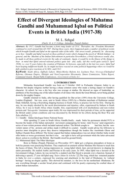 Effect of Divergent Ideologies of Mahatma Gandhi and Muhammad Iqbal on Political Events in British India (1917-38)