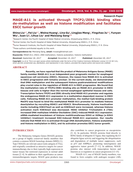 MAGE-A11 Is Activated Through TFCP2/ZEB1 Binding Sites De-Methylation As Well As Histone Modification and Facilitates ESCC Tumor Growth