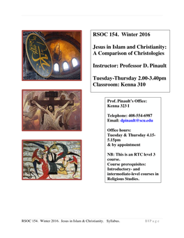 RSOC 154. Winter 2016 Jesus in Islam and Christianity