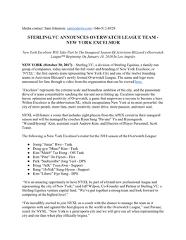 Sterling.Vc Announces Overwatch League Team - New York Excelsior