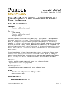 Innovation Infosheet Preparation of Amine Boranes, Ammonia Borane, and Phosphine Boranes