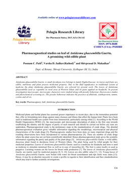 Pharmacognostical Studies on Leaf of Antidesma Ghaesembilla Gaertn, a Promising Wild Edible Plant