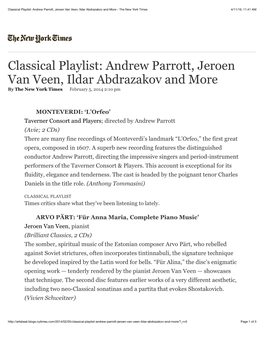 Classical Playlist: Andrew Parrott, Jeroen Van Veen, Ildar Abdrazakov and More - the New York Times 4/11/16, 11:41 AM