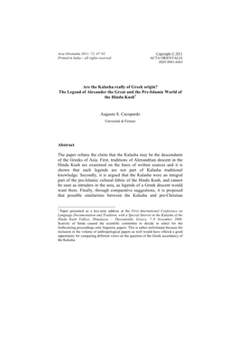 Are the Kalasha Really of Greek Origin? the Legend of Alexander the Great and the Pre-Islamic World of the Hindu Kush1