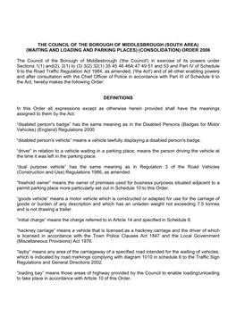 The Council of the Borough of Middlesbrough (South Area) (Waiting and Loading and Parking Places) (Consolidation) Order 2006