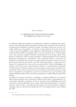 Franco Piperno, La Tradizione Musicale Delle Rime Di Torquato Tasso