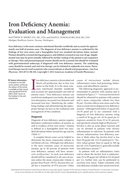 Iron Deficiency Anemia: Evaluation and Management MATTHEW W