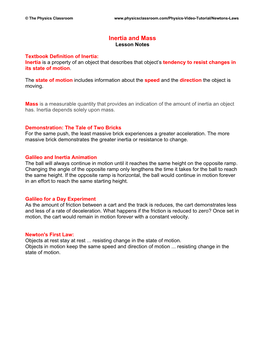 Inertia and Mass Lesson Notes