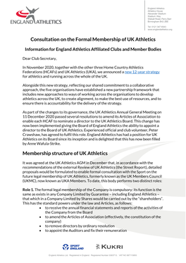 Consultation on the Formal Membership of UK Athletics