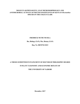 MOLECULAR PHYLOGENY, LEAF MICROMORPHOLOGY and ANTIMICROBIAL ACTIVITY of PHYTOCONSTITUENTS of KENYAN Plectranthus SPECIES in the COLEUS CLADE