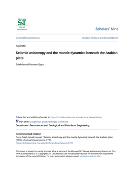 Seismic Anisotropy and the Mantle Dynamics Beneath the Arabian Plate