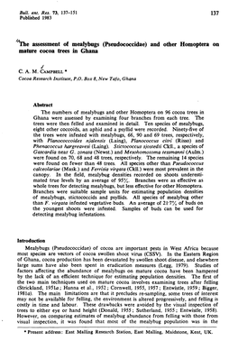 L'tite Assessment of Mealybugs (Pseudococcidae) and Other Homoptera on Mame Cocoa Trees in Ghana