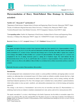 Phytoremediation of Heavy Metal-Polluted Mine Drainage by Eleocharis Acicularis