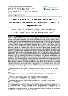 Effect of Sport Participation on General Mental Health of Athletes with Intellectual Disabilities from Special Olympics Bharat