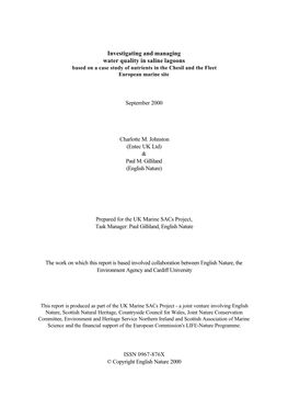 Investigating and Managing Water Quality in Saline Lagoons Based on a Case Study of Nutrients in the Chesil and the Fleet European Marine Site