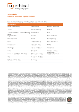 Stocks List U Ethical Australian Equities Portfolio