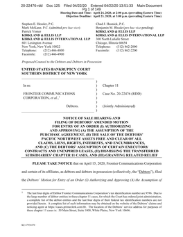 UNITED STATES BANKRUPTCY COURT SOUTHERN DISTRICT of NEW YORK ) in Re: ) Chapter 11 ) FRONTIER COMMUNICATIONS ) Case No. 20-22