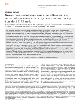 Genome-Wide Association Studies of Smooth Pursuit and Antisaccade Eye Movements in Psychotic Disorders: ﬁndings from the B-SNIP Study