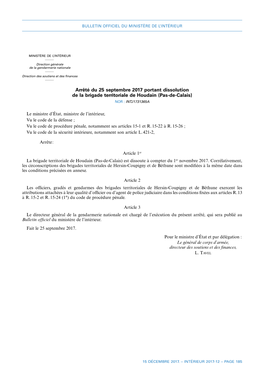 Arrêté Du 25 Septembre 2017 Portant Dissolution De La Brigade Territoriale