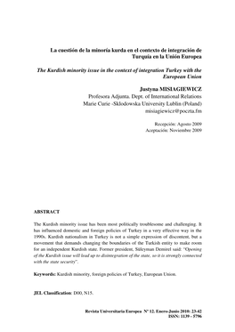 La Cuestión De La Minoría Kurda En El Contexto De Integración De Turquía En La Unión Europea the Kurdish Minority I