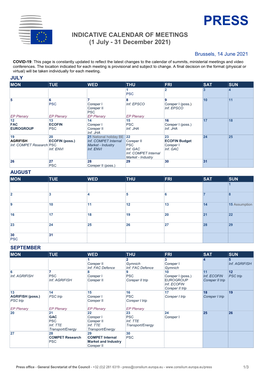 PRESS INDICATIVE CALENDAR of MEETINGS (1 July - 31 December 2021)