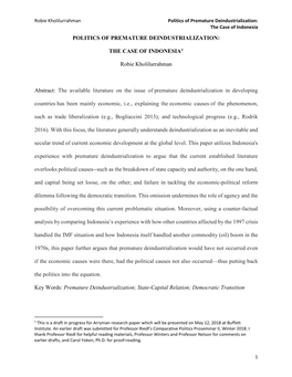 Robie Kholilurrahman Politics of Premature Deindustrialization: the Case of Indonesia POLITICS of PREMATURE DEINDUSTRIALIZATION