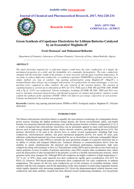 228-234 Research Article Green Synthesis of Copolymer Electrolytes F