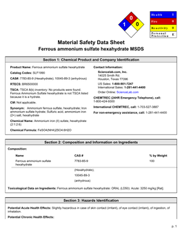 Material Safety Data Sheet Ferrous Ammonium Sulfate Hexahydrate MSDS