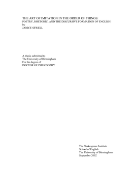 THE ART of IMITATION in the ORDER of THINGS: POETRY, RHETORIC, and the DISCURSIVE FORMATION of ENGLISH by JANICE SEWELL