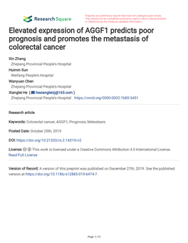 Elevated Expression of AGGF1 Predicts Poor Prognosis and Promotes the Metastasis of Colorectal Cancer