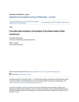 Coccidia (Apicomplexa: Eimeriidae) of the Mammalian Order Insectivora