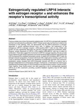 Estrogenically Regulated LRP16 Interacts with Estrogen Receptor a and Enhances the Receptor’S Transcriptional Activity