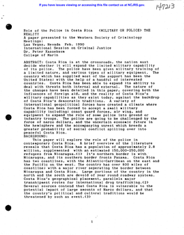 Role of the Police in Costa Rica (MILITARY OR POLICE) the • REALITY a Paper Presented to the Western Society of Criminology Meetings: Las Vegas, Nevada Feb