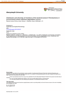 Distribution and Diversity of Members of the Bacterial Phylum Fibrobacteres in Environments Where Cellulose Degradation Occurs