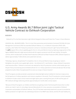 U.S. Army Awards $6.7 Billion Joint Light Tactical Vehicle Contract to Oshkosh Corporation