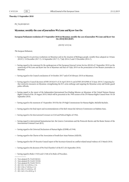 European Parliament Resolution of 13 September 2018 on Myanmar, Notably the Case of Journalists Wa Lone and Kyaw Soe Oo (2018/2841(RSP))