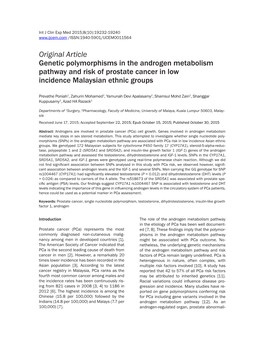 Original Article Genetic Polymorphisms in the Androgen Metabolism Pathway and Risk of Prostate Cancer in Low Incidence Malaysian Ethnic Groups