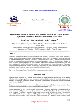 Anthelmintic Activity of Essential Oil of Pimenta Dioica (Linn.) Merill, Family: Myrtaceae, Collected in Summer from South Canara, India