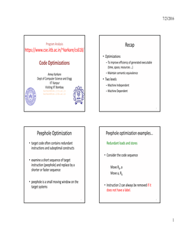 Code Optimizations Recap Peephole Optimization