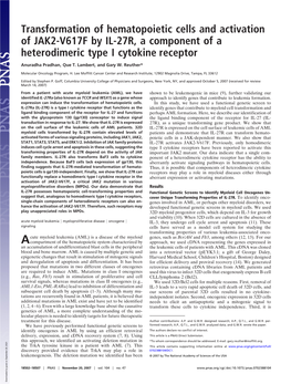 Transformation of Hematopoietic Cells and Activation of JAK2-V617F by IL-27R, a Component of a Heterodimeric Type I Cytokine Receptor