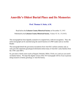 Annville's Oldest Burial Place and Its Memories