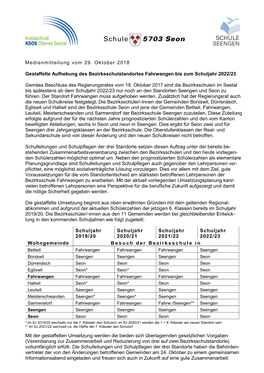 Medienmitteilung Vom 29. Oktober 2018 Gestaffelte Aufhebung Des