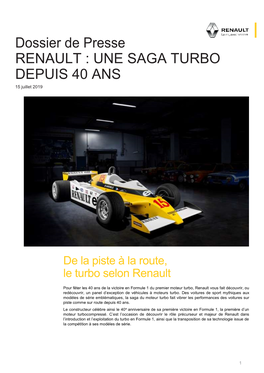 Dossier De Presse RENAULT : UNE SAGA TURBO DEPUIS 40 ANS 15 Juillet 2019