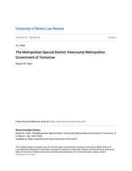 The Metropolitan Special District: Intercounty Metropolitan Government of Tomorrow