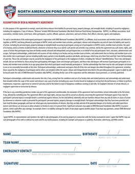 North American Pond Hockey Official Waiver Agreement